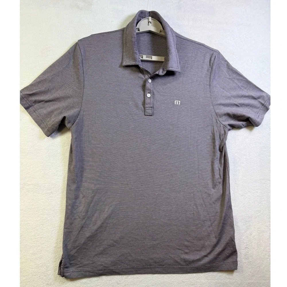 TravisMathew Polo Shirt Mens Large Purple Striped Pima Cotton Blend Short Sleeve